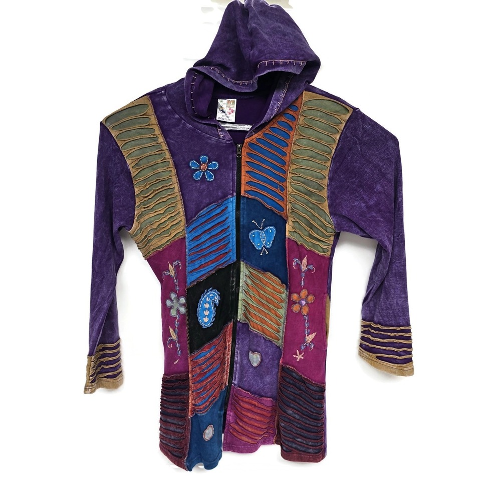 India Boutique Womens Multicolor Patchwork Full Zip Hoodie Largeโ Hippie Boho